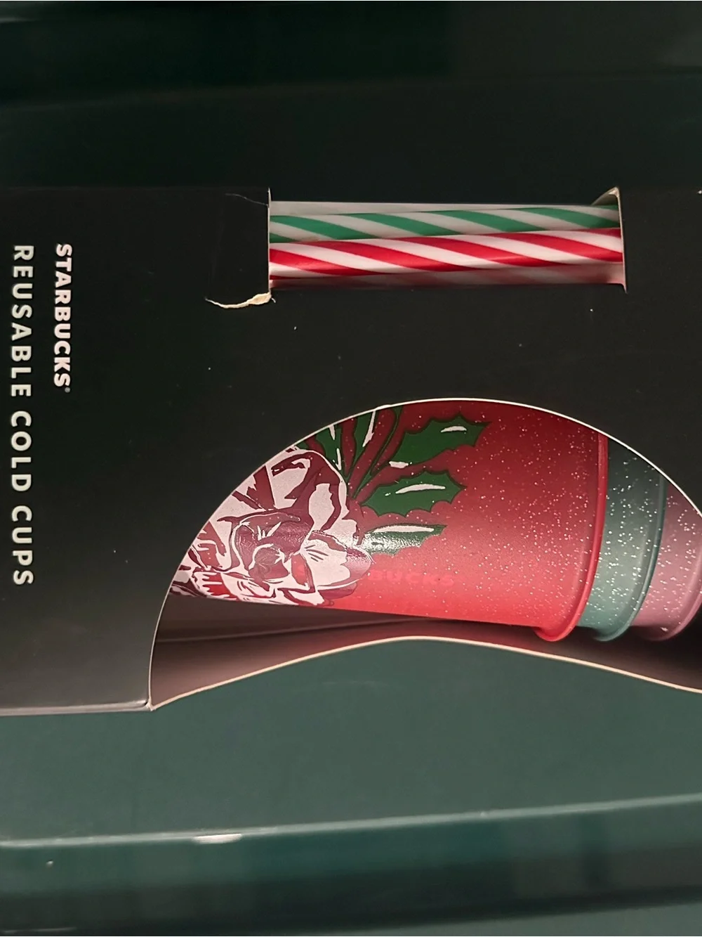 Starbucks Dark Green Box with Cups Lid and Straws SET